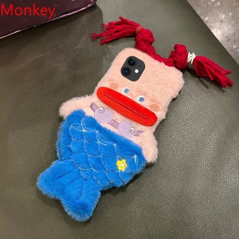 3D Cute Plush Mermaid Girls Gift Phone Case For iPhone 15 14 13 Pro Max 12 11 X XR 6 7 8 Plus Winter Fluffy Hair Soft Back Cover - Image 5