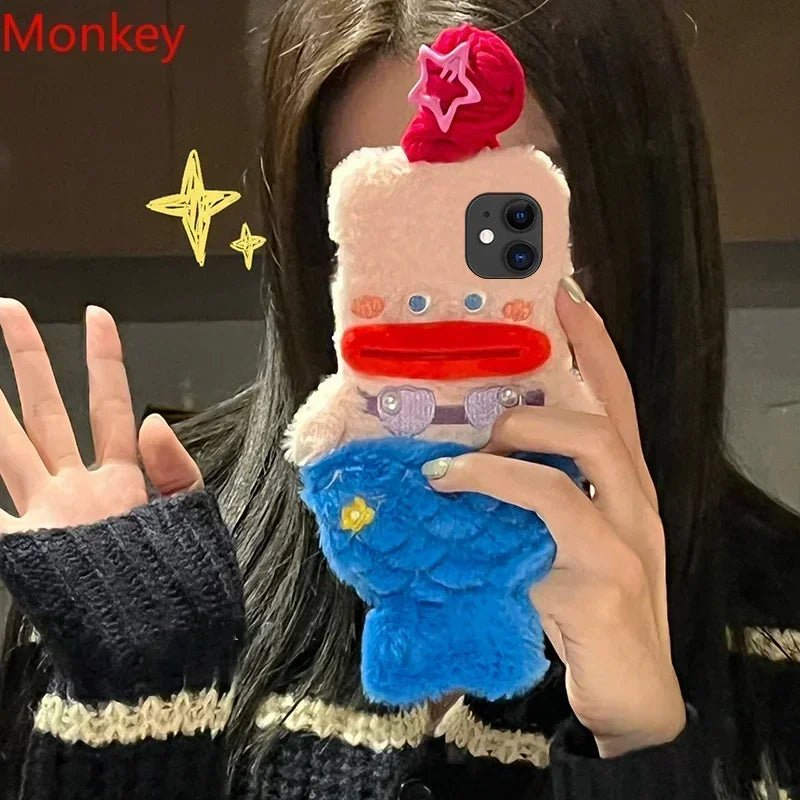 3D Cute Plush Mermaid Girls Gift Phone Case For iPhone 15 14 13 Pro Max 12 11 X XR 6 7 8 Plus Winter Fluffy Hair Soft Back Cover - Image 4