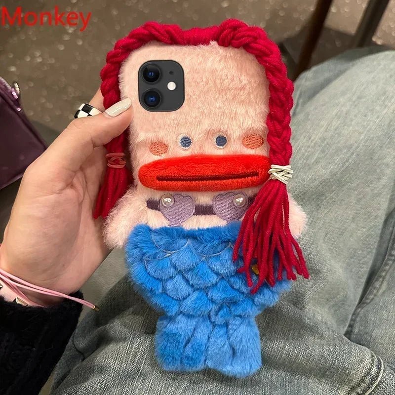3D Cute Plush Mermaid Girls Gift Phone Case For iPhone 15 14 13 Pro Max 12 11 X XR 6 7 8 Plus Winter Fluffy Hair Soft Back Cover - Image 3