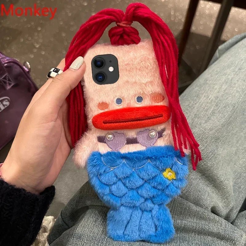 3D Cute Plush Mermaid Girls Gift Phone Case For iPhone 15 14 13 Pro Max 12 11 X XR 6 7 8 Plus Winter Fluffy Hair Soft Back Cover - Image 2