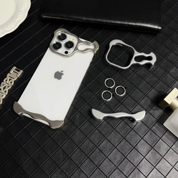 Aluminum Alloy Irregular Metal Bumper Phone Case For iPhone 13 14 15 Pro Max 15Plus Titanium Lens Ring Protection Alien Cover - Image 3