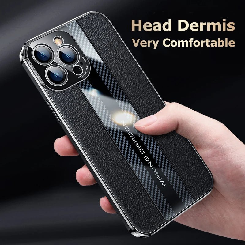 Electroplated Frame Genuine Leather Phone Case For iPhone 11 12 13 14 Pro Max Carbon Fiber Texture Shell Lens Protection Cover - Image 4