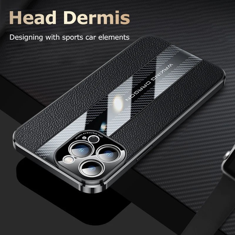 Electroplated Frame Genuine Leather Phone Case For iPhone 11 12 13 14 Pro Max Carbon Fiber Texture Shell Lens Protection Cover - Image 3