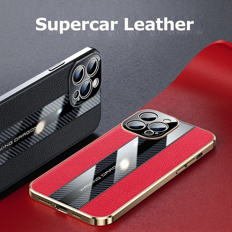 Electroplated Frame Genuine Leather Phone Case For iPhone 11 12 13 14 Pro Max Carbon Fiber Texture Shell Lens Protection Cover - Image 6