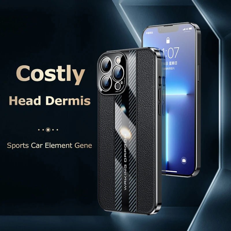 Electroplated Frame Genuine Leather Phone Case For iPhone 11 12 13 14 Pro Max Carbon Fiber Texture Shell Lens Protection Cover - Image 2