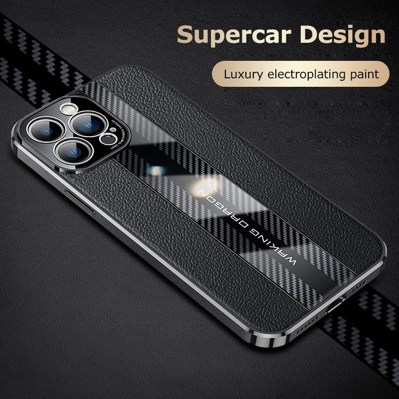 Electroplated Frame Genuine Leather Phone Case For iPhone 11 12 13 14 Pro Max Carbon Fiber Texture Shell Lens Protection Cover - Image 5
