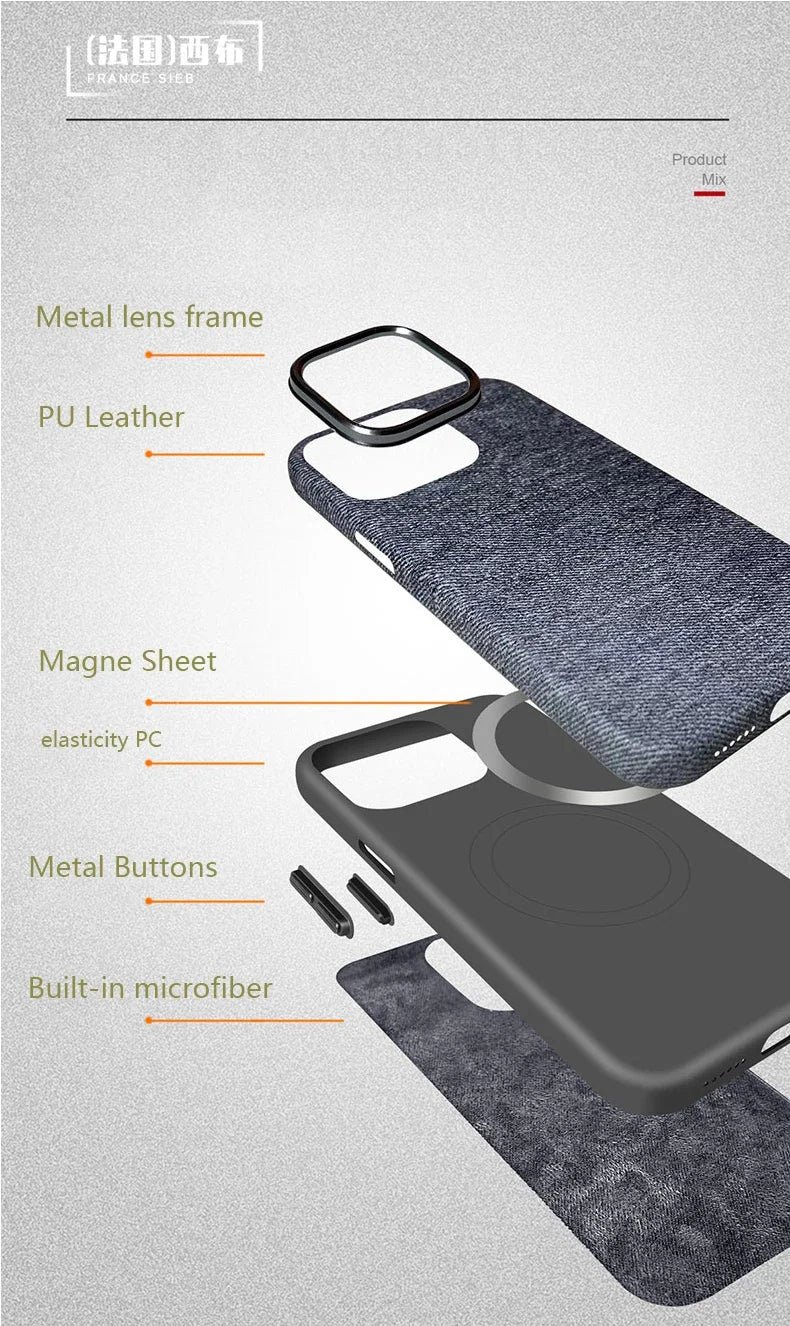 For Magsafe Wireless Charging Denim Fabric Magnetic Phone Case For iPhone 12 13 14 15 Pro Max Metal Lens Ring Shockproof Cover - Image 5