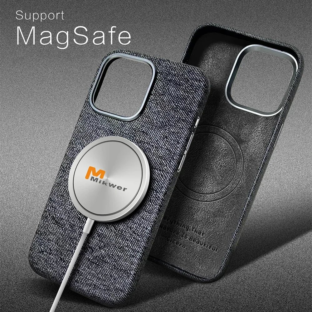 For Magsafe Wireless Charging Denim Fabric Magnetic Phone Case For iPhone 12 13 14 15 Pro Max Metal Lens Ring Shockproof Cover - Image 2
