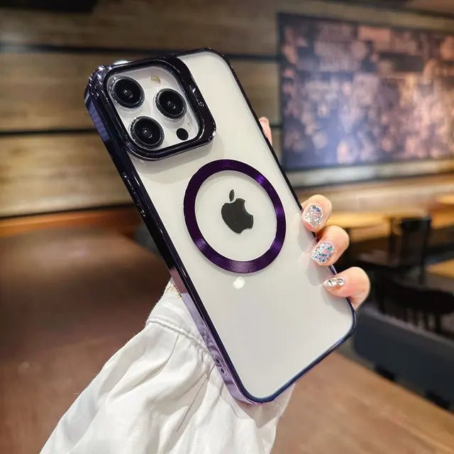 Glass Lens Holder Electroplating Magnetic Phone Case For Iphone 14 13 Pro Max Plating Frame Kickstand Stand Transparent PC Cover - Image 7