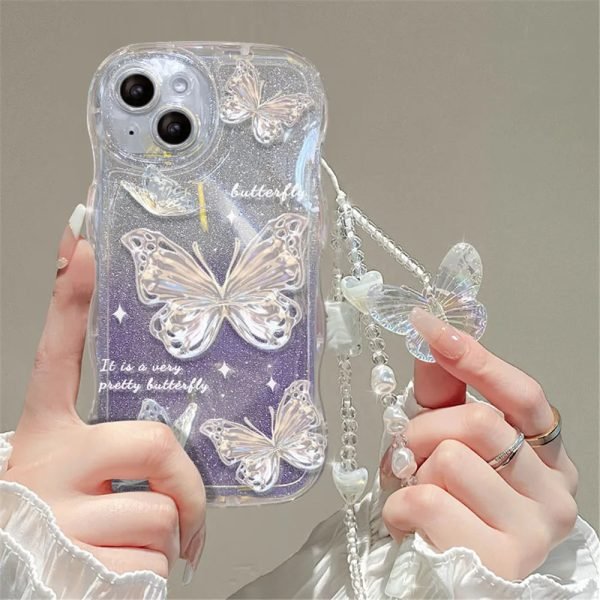 Luxury Butterfly Glitter Clear Soft Case For iPhone 15 14 13 12 11 Pro Max XR XS X 7 8 Plus Hang Chain Lanyard Silicone Cover