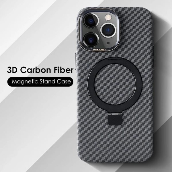Luxury Carbon Fiber Texture Magnetic Stand Phone Case For iPhone 13 14 Pro Max Bracket Ring Cover For Magsafe Wireless Charging