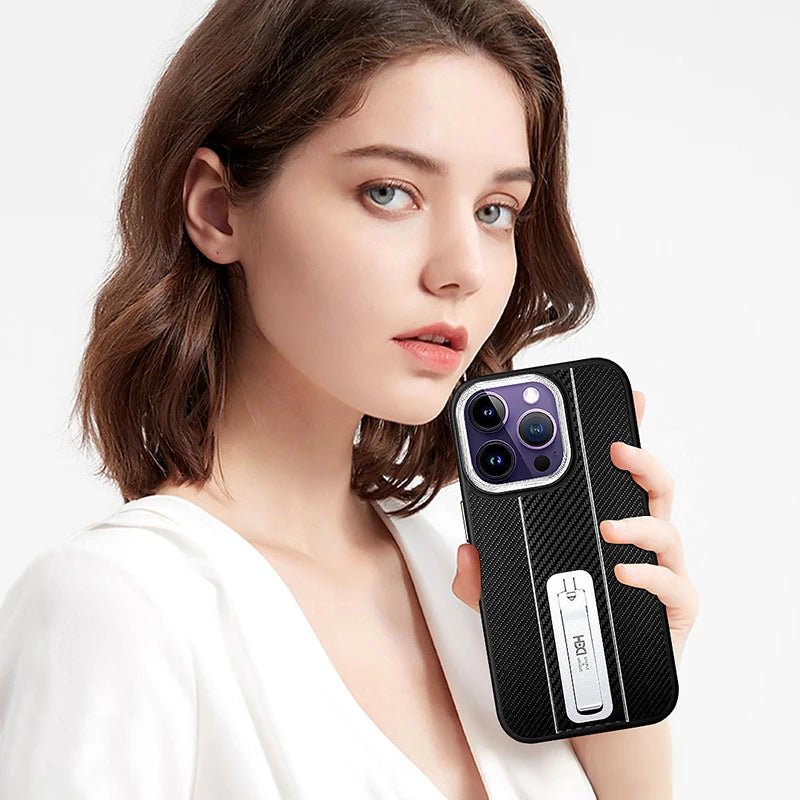 Luxury Carbon Fiber Texture Stand Phone Case For iPhone 14 13 12 11 Pro Max 14Pro 13Pro TPU Soft Frame Shockproof Bracket Cover - Image 6