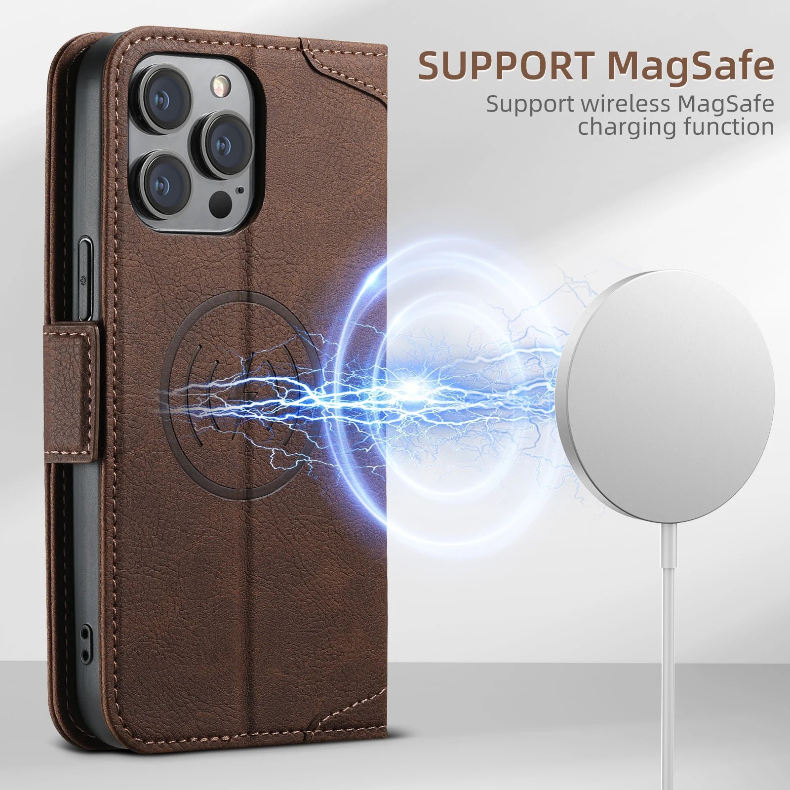 Magnetic Leather Card Holder Clamshell Phone Case For iPhone 12 13 14 15 Pro Max Plus Wallet Cover For Magsafe Wireless Charging - Image 5