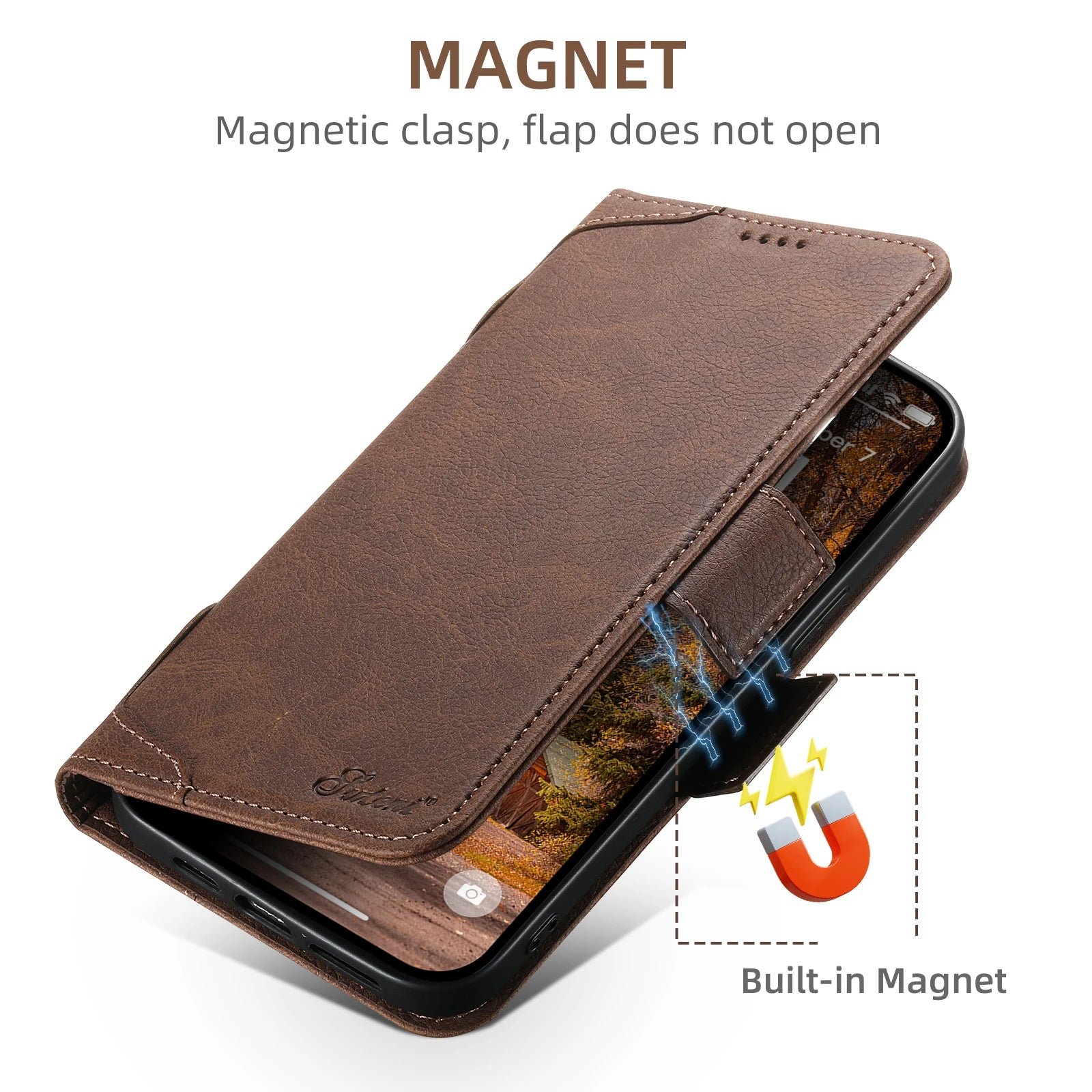 Magnetic Leather Card Holder Clamshell Phone Case For iPhone 12 13 14 15 Pro Max Plus Wallet Cover For Magsafe Wireless Charging - Image 2